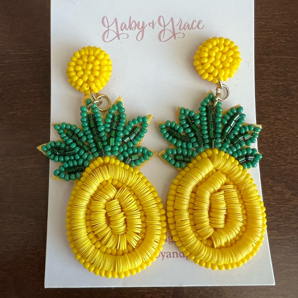 Yellow and Green Beaded Pineapple Earrings